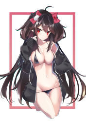 Rule 34 | 1girl, ahoge, bare legs, bare shoulders, barefoot, bikini, black bikini, black hair, black jacket, blush, bow, breasts, cleavage, closed mouth, collarbone, commentary request, drawstring, frown, full body, gluteal fold, groin, hair bow, hand on own hip, hand up, harenchi, highres, jacket, kuusou code plus, legs up, long hair, long sleeves, looking at viewer, lowleg, medium breasts, micro bikini, navel, off shoulder, open clothes, open jacket, pointy ears, red bow, red eyes, sidelocks, sleeves past wrists, solo, stomach, swimsuit, thighs, two side up, very long hair, virtual youtuber, yoruno tobari