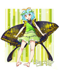 Rule 34 | 1girl, antennae, aqua hair, bare legs, barefoot, butterfly wings, character name, dress, eternity larva, fairy, full body, green dress, highres, insect wings, leaf, leaf on head, multicolored clothes, multicolored dress, open mouth, orange eyes, short hair, single strap, smile, solo, touhou, umigarasu (kitsune1963), wings