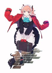 Rule 34 | 1girl, animal, apron, aqua bow, aqua eyes, black cat, black footwear, bow, brick, brick floor, briefcase, cat, collarbone, colored sclera, covered collarbone, ear piercing, earrings, frilled apron, frills, gloves, gradient hair, grey background, hair between eyes, highres, holding, holding briefcase, jacket, jacket on shoulders, jewelry, long hair, machi (wm), maid, maid apron, maid headdress, multicolored eyes, multicolored hair, open mouth, original, piercing, pink hair, red eyes, red gloves, red jacket, running, simple background, smile, teeth, tongue, white legwear, yellow sclera