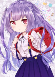 Rule 34 | 1girl, absurdres, backpack, bag, blue skirt, blush, breasts, child, closed mouth, frills, hands up, harukasu (mememememo), highres, long hair, looking at viewer, original, purple hair, randoseru, red eyes, skirt, small breasts, solo, suspender skirt, suspenders, twintails, white background
