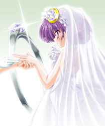 Rule 34 | 1girl, bridal veil, crescent, dress, female focus, hair up, jewelry, ornate ring, patchouli knowledge, profile, purple eyes, purple hair, ring, short hair, solo, touhou, veil, wedding dress, wedding ring, yamu (reverse noise)