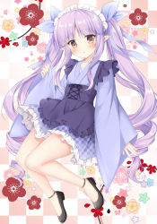 Rule 34 | 1girl, :o, apron, black footwear, blue kimono, blue ribbon, blue skirt, blush, checkered background, checkered clothes, checkered skirt, commentary request, fingernails, floral background, frilled apron, frills, full body, hair ribbon, highres, japanese clothes, kimono, korie riko, kyoka (princess connect!), long hair, long sleeves, maid, maid headdress, parted bangs, parted lips, pinching sleeves, pointy ears, princess connect!, purple apron, purple hair, ribbon, shoes, sidelocks, skirt, sleeves past wrists, solo, twintails, very long hair, wa maid, wide sleeves