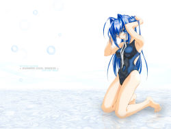 Rule 34 | 00s, adjusting hair, armpits, arms up, barefoot, blue eyes, blue hair, competition swimsuit, feet, hayase mitsuki, holding, holding hair, kimi ga nozomu eien, kneeling, long hair, mouth hold, non-web source, one-piece swimsuit, ribbon, solo, swimsuit, very long hair, wallpaper, water