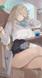 Rule 34 | 1girl, asuna (blue archive), black skirt, blue archive, blue eyes, blue ribbon, blush, breasts, choker, collared shirt, cup, dema hmw, dress shirt, grin, hair over one eye, hair ribbon, halo, highres, large breasts, light brown hair, long hair, looking at viewer, pleated skirt, ribbon, scrunchie, shirt, sitting, skirt, sleeves rolled up, smile, solo, table, thighs, very long hair, wet, wet clothes, white shirt, wrist scrunchie
