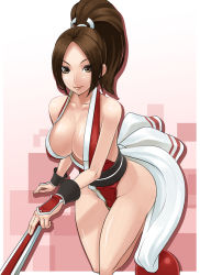 Rule 34 | 1girl, breasts, brown eyes, brown hair, cleavage, folded fan, hand fan, fatal fury, folding fan, large breasts, nek, pelvic curtain, ponytail, revealing clothes, samurai spirits, shiranui mai, snk, solo, the king of fighters