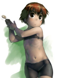 Rule 34 | bike shorts, blush, brown hair, candy, child, food, lollipop, original, satou toshiyuki, short hair, solo, sports bra, swirl lollipop