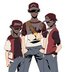 Rule 34 | 3boys, adjusting clothes, adjusting headwear, age progression, bag, baseball cap, belt, brown hair, comparison, creatures (company), denim, game freak, hands in pockets, hat, height difference, highres, holding, holding poke ball, jacket, jeans, looking at viewer, male focus, multiple boys, multiple persona, nintendo, open clothes, open jacket, pants, poke ball, poke ball (basic), pokemon, pokemon frlg, pokemon rgby, pokemon sm, red (pokemon), red (pokemon frlg), red (pokemon sm), redlhzz, shaded face, shirt, short sleeves, shoulder bag, simple background, t-shirt, white background, wristband, z-ring