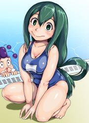 Rule 34 | 10s, 1boy, 1girl, artist request, asui tsuyu, back, barefoot, boku no hero academia, breasts, green eyes, green hair, highres, long hair, looking at viewer, medium breasts, mineta minoru, one-piece swimsuit, plump, shiny skin, smile, swimsuit