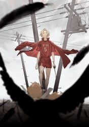 Rule 34 | 1boy, absurdres, androgynous, bird, blonde hair, coat, coat on shoulders, commentary request, crow, falling feathers, feathers, film grain, haikyuu!!, hair between eyes, highres, holding, holding sword, holding weapon, kento matsuura, kozume kenma, looking at viewer, male focus, parted lips, power lines, red coat, red shirt, red shorts, shirt, short hair, short sleeves, shorts, solo, sword, utility pole, weapon, yellow eyes