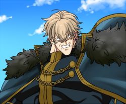 Rule 34 | 10s, 1boy, ahoge, angry, bad id, bad twitter id, blonde hair, blue sky, cape, clenched teeth, cloud, day, dragon ball, dragonball z, fate/extra, fate/grand order, fate (series), fur trim, gawain (fate), male focus, muscular, no pupils, short hair, sky, solo, teeth, toriyama akira (style), upper body