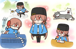 Rule 34 | 1girl, animal, black headwear, black skirt, blue shawl, blush, brown hair, cat, closed eyes, closed mouth, eating, flying sweatdrops, food, fur hat, hair between eyes, hair ornament, hairclip, hat, holding, holding food, kantai collection, long hair, low twintails, multiple views, open mouth, paddle, papakha, plate, scarf, shawl, simple background, skirt, standing, table tennis paddle, tashkent (kancolle), torn clothes, torn scarf, twintails, white scarf, yuasa makoto