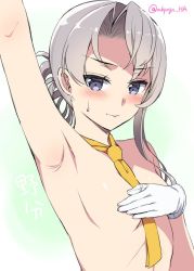 Rule 34 | 10s, 1girl, arm up, armpit focus, armpits, asahina hikage, asymmetrical hair, blush, covering privates, covering breasts, flipped hair, gloves, green background, kantai collection, long hair, looking at viewer, naked necktie, necktie, nowaki (kancolle), nude, ponytail, presenting armpit, silver hair, solo, swept bangs, upper body, white gloves, yellow necktie