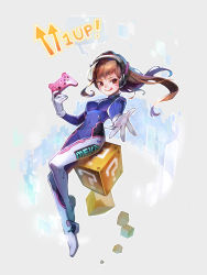 Rule 34 | 1girl, :q, ?, acronym, animal print, blue bodysuit, bodysuit, breasts, brown eyes, brown hair, clothes writing, controller, covered navel, crossed ankles, cube, d.va (overwatch), eyelashes, facepaint, facial mark, full body, game controller, gloves, grey background, headphones, hetchi, high collar, holding, leaning back, long hair, looking at viewer, medium breasts, outstretched hand, overwatch, overwatch 1, pilot suit, rabbit print, reaching, reaching towards viewer, ribbed bodysuit, shoulder pads, simple background, sitting, sitting on object, skin tight, smile, solo, swept bangs, tongue, tongue out, whisker markings, white gloves