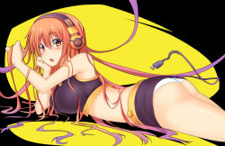 Rule 34 | 1girl, ass, bare shoulders, breasts, cable, cable tail, electric plug, headphones, large breasts, long hair, lying, mechanical tail, on stomach, original, panties, red eyes, red hair, solo, suteba (grzjkbhgf), tail, thighs, underwear, white panties