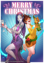 Rule 34 | 2girls, :d, adapted costume, alcohol, arm tattoo, artist name, bare shoulders, barefoot, bottle, bracelet, breasts, brown hair, center opening, chair, champagne, christmas, cleavage, closed eyes, collarbone, colored skin, covered navel, cowboy shot, cup, dress, drinking glass, elbow gloves, eyelashes, facebook username, feet, fingernails, glass, gloves, goggles, highres, holding, holding bottle, holding cup, holding drinking glass, jewelry, knee up, large breasts, long dress, long fingernails, long hair, merry christmas, midriff, multiple girls, nail polish, nose, open mouth, overwatch, overwatch 1, parted lips, purple dress, purple hair, purple lips, purple nails, purple skin, short dress, sitting, sleeveless, sleeveless dress, smile, spider tattoo, spiked hair, standing, standing on one leg, swept bangs, tattoo, teeth, toes, tracer (overwatch), turtleneck, watermark, web address, widowmaker (overwatch), wine, wine bottle, yellow dress, yellow eyes, yellow gloves, zhaoyebai