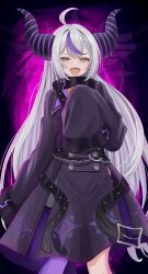Rule 34 | 1girl, absurdres, ahoge, braid, coat, fang, grey hair, highres, hololive, horns, la+ darknesss, la+ darknesss (1st costume), long sleeves, looking at viewer, multicolored hair, open mouth, pointy ears, purple background, purple coat, purple hair, single braid, sleeves past fingers, sleeves past wrists, smile, solo, streaked hair, varo 006, virtual youtuber, yellow eyes