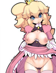 Rule 34 | 1girl, blonde hair, blue eyes, breastless clothes, breasts, breasts out, cameltoe, center opening, cleft of venus, clitoris slip, clothes lift, crown, dress, dress lift, elbow gloves, female pubic hair, gloves, groin, large areolae, large breasts, mario (series), nintendo, nipples, pink dress, princess, princess peach, pubic hair, pussy, pussy peek, see-through, sho-n-d, skindentation, smile, solo, thighhighs, tongue, uncensored