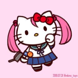 Rule 34 | 1girl, adapted turret, artist name, badge, blue sailor collar, blue skirt, bow, cat, commentary request, cosplay, dated, full body, hair bobbles, hair bow, hair ornament, hello kitty, hello kitty (character), kantai collection, no mouth, pink background, pink hair, pleated skirt, red bow, sailor collar, sanrio, sazanami (kancolle), sazanami (kancolle) (cosplay), school uniform, serafuku, short hair, simple background, skirt, solo, tasogare yanio, twintails