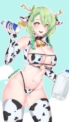 Rule 34 | 1girl, :d, animal ears, animal print, antlers, bell, bikini, blush, bottle, braid, branch, breasts, bridal gauntlets, ceres fauna, cleavage, collar, cow ears, cow print, cow print bikini, cowbell, cowboy shot, eyepatch bikini, eyes visible through hair, green hair, green nails, hair behind ear, highres, holding, holding bottle, hololive, hololive english, horns, large breasts, long hair, looking at viewer, minxei, nail polish, navel, neck bell, open mouth, print bikini, print bridal gauntlets, print towel, red collar, simple background, smile, solo, standing, swimsuit, towel, twin braids, virtual youtuber, yellow eyes