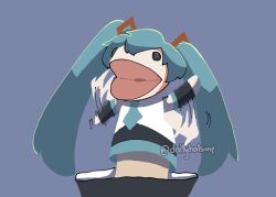 Rule 34 | 1girl, aqua hair, black eyes, black sleeves, blue background, blue necktie, commentary, detached sleeves, doll, english commentary, flailing, hair between eyes, hair ornament, hatsune miku, long hair, motion lines, necktie, no nose, odakuram, open mouth, shirt, simple background, sleeveless, sleeveless shirt, sock puppet, solo, tumblr username, twintails, very long hair, vocaloid, watermark, white shirt