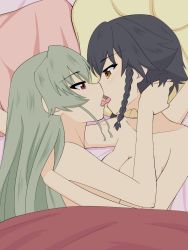 Rule 34 | 2girls, anchovy (girls und panzer), bad id, bad pixiv id, bed, bed sheet, black hair, blush, braid, breasts, brown eyes, cleavage, collarbone, drill hair, eyebrows, female focus, french kiss, girls und panzer, green hair, highres, hug, kiss, long hair, looking at another, lying, medium breasts, multiple girls, nude, open mouth, pepperoni (girls und panzer), pillow, red eyes, ruka (piyopiyopu), short hair, smile, tongue, yuri