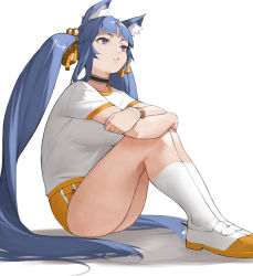 Rule 34 | 1girl, animal ears, ass, bell, blue hair, blunt bangs, bracelet, choker, commentary, full body, gym shirt, gym uniform, highres, hugging own legs, jewelry, knees up, long hair, mole, mole under eye, original, parted lips, purple eyes, shirt, shoes, simple background, sitting, sneakers, solo, sportswear, teeth, thick eyebrows, thighs, twintails, white background, white legwear, yoshio (55level)