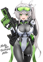 Rule 34 | 1girl, black bodysuit, blush, bodysuit, breasts, cleavage, commission, goggles, goggles on head, green eyes, grey hair, gun, hair ribbon, holding, holding gun, holding weapon, large breasts, long hair, looking at viewer, open mouth, original, ribbon, side ponytail, simple background, skeb commission, smile, solo, sunao (70 the), weapon, white background, white ribbon