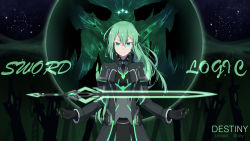 Rule 34 | armor, blue eyes, coat, commentary request, copyright name, crota, destiny (game), energy sword, english text, gloves, glowing, green hair, hair between eyes, high collar, kuroda kuwa, long hair, neon trim, personification, ponytail, sky, standing, star (sky), starry sky, sword, very long hair, weapon