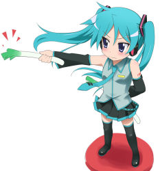 Rule 34 | 1girl, bad id, bad pixiv id, blue eyes, blue hair, blush, boots, cosplay, detached sleeves, flat chest, hair ribbon, hatsune miku, hatsune miku (cosplay), hiiragi kagami, long hair, lucky star, matching hair/eyes, necktie, ribbon, solo, spring onion, standing, sweat, thigh boots, thighhighs, twintails, vocaloid, youkan, zettai ryouiki