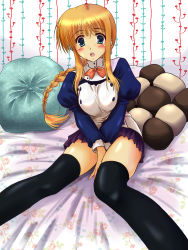 Rule 34 | 00s, bed, blonde hair, braid, braided ponytail, green eyes, highres, long hair, pillow, silfa (to heart), single braid, solo, thighhighs, to heart (series), to heart 2, to heart 2 ad, x-4kazu
