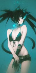 Rule 34 | 1girl, absurdres, animal ears, arm belt, asymmetrical gloves, belt, belt buckle, bikini, bikini top only, black bikini, black gloves, black hair, black ribbon, black rock shooter, black rock shooter (character), black shorts, blue background, blue eyes, blurry, breasts, brown belt, buckle, cat ears, cat tail, character name, choker, cleavage, collarbone, contrapposto, copyright name, cowboy shot, earrings, elbow gloves, flaming eye, floating hair, front-tie bikini top, front-tie top, gloves, hair between eyes, highres, jewelry, long hair, looking to the side, ly (pixiv13839236), midriff, profile, ribbon, ribbon choker, short shorts, shorts, simple background, single glove, small breasts, solo, standing, star (symbol), star earrings, stomach, swimsuit, tail, twintails, uneven gloves, very long hair