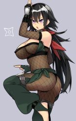 Rule 34 | 1girl, :o, ass, asymmetrical gloves, black gloves, black hair, bodysuit, bow, breasts, choker, cleavage, copyright request, detached sleeves, female focus, fishnet bodysuit, fishnets, gloves, green gloves, kaida michi, large breasts, leg up, long hair, mismatched gloves, ninja, open mouth, ponytail, purple background, purple eyes, shoes, simple background, solo