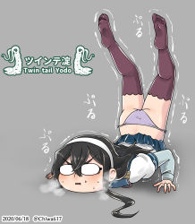 Rule 34 | 1girl, ass, black hair, breath, chiwa (chiwa0617), dated, glasses, hairband, highres, kantai collection, legs up, long hair, microskirt, no shoes, ooyodo (kancolle), opaque glasses, panties, purple panties, school uniform, serafuku, side-tie panties, skirt, solo, struggling, sweat, thighhighs, trembling, twitter username, underwear