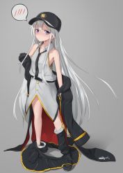 Rule 34 | 1girl, age regression, aged down, armpits, azur lane, black thighhighs, blush, coat, unworn coat, collared shirt, commentary request, enterprise (azur lane), full body, grey background, hand on own hip, hat, highres, long hair, looking at viewer, military, necktie, oversized clothes, pleated skirt, purple eyes, shirt, silver hair, simple background, skirt, unworn skirt, sleeveless, sleeveless shirt, solo, spoken blush, thighhighs, very long hair, west 24