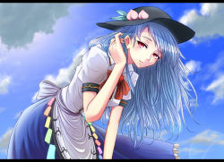 Rule 34 | 1girl, blue hair, blue sky, bow, cloud, day, dress, eyelashes, food, fruit, hand in own hair, hat, hinanawi tenshi, layered dress, leaf, leaning forward, letterboxed, light smile, lips, long hair, looking at viewer, nuka (nvkka), nvkka, peach, red eyes, short sleeves, sky, solo, touhou