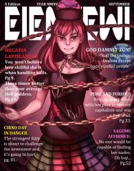 Rule 34 | 1girl, aura, ball, ball and chain restraint, black shirt, chain, clothes writing, collar, collarbone, cover, earth (ornament), english text, fake cover, floating, gold chain, gradient background, hat, hecatia lapislazuli, levitation, long hair, looking at viewer, magazine cover, mefomefo, moon (ornament), multicolored clothes, multicolored skirt, nose, off-shoulder shirt, off shoulder, open hands, red eyes, red hair, shirt, skirt, smile, solo, t-shirt, touhou