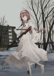 Rule 34 | 1girl, :d, bare tree, black ribbon, blue eyes, blush, boots, breasts, brown hair, building, chihuri, commentary request, cross-laced footwear, day, dress, gloves, grey sky, gun, hair between eyes, hairband, highres, holding, holding gun, holding weapon, juliet sleeves, lace-up boots, long hair, long sleeves, looking at viewer, neck ribbon, open mouth, original, outdoors, pantyhose, ppsh-41, puffy sleeves, renata alekseevna tsvetaeva, ribbon, sky, small breasts, smile, snow, solo, standing, standing on one leg, submachine gun, tree, very long hair, weapon, white dress, white footwear, white gloves, white hairband, white pantyhose, wide sleeves