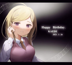 Rule 34 | 1girl, adjusting hair, ahoge, akamatsu kaede, beamed eighth notes, blonde hair, blush, breasts, character name, collared shirt, commentary request, danganronpa (series), danganronpa v3: killing harmony, dated, eighth note, fortissimo, hair ornament, hand in own hair, hand up, happy birthday, highres, large breasts, letterboxed, long hair, long sleeves, looking at viewer, musical note, musical note hair ornament, necktie, parted lips, pink vest, purple eyes, quarter note, shirt, smile, solo, sweater vest, teeth, usanta, vest, white shirt