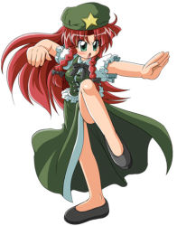 Rule 34 | 1girl, black footwear, bow, braid, china dress, chinese clothes, d.a, dress, female focus, fighting stance, full body, green eyes, hair bow, hat, hong meiling, immaterial and missing power, long hair, red hair, shoes, shorts, simple background, solo, standing, standing on one leg, star (symbol), touhou, twin braids, white background