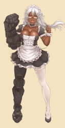 Rule 34 | 1girl, apron, breasts, choker, cleavage, clenched hands, dark-skinned female, dark skin, fang, frilled choker, frills, full body, glasses, hair between eyes, highres, kuon (kwonchanji), large breasts, long hair, low-tied long hair, maid, maid headdress, mechanical arms, mechanical legs, open mouth, original, power fist, puffy short sleeves, puffy sleeves, rimless eyewear, shiny skin, short eyebrows, short sleeves, signature, silver hair, single mechanical arm, single mechanical leg, single thighhigh, solo, standing, thighhighs, waist apron, white thighhighs, wrist cuffs, yellow background