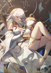 Rule 34 | 1girl, ahoge, anklet, arena (masterwork apocalypse), bare shoulders, barefoot, blue eyes, breasts, bridal gauntlets, closed mouth, commentary request, dress, floating, gloves, hair ornament, highres, holding hourglass, hourglass, jewelry, key, keyhole, light frown, lips, long hair, looking at viewer, masterwork apocalypse, medium breasts, partial commentary, solo, thighlet, white dress, white gloves, white hair, wide sleeves, y.i. (lave2217)