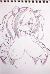 Rule 34 | 1girl, animal ears, arknights, breasts, closed mouth, collarbone, commentary request, feater (arknights), highres, jacket, large breasts, looking at viewer, monochrome, multicolored hair, navel, nipples, open clothes, open jacket, panda ears, puffy nipples, solo, traditional media, tsukareta san, two-tone hair, upper body