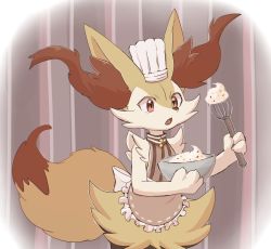 Rule 34 | 1girl, animal ear fluff, animal ears, animal hands, animal nose, apron, body fur, bowl, braixen, brown apron, brown background, chef hat, claws, clothed pokemon, cooking, creatures (company), fang, female focus, flat chest, fox ears, fox girl, fox tail, frilled apron, frills, furry, furry female, game freak, gen 6 pokemon, hands up, hat, highres, holding, holding bowl, holding whisk, icing, mixing bowl, neck fur, nintendo, open mouth, pokemon, pokemon (creature), red eyes, snout, solo, standing, star (symbol), striped apron, striped background, striped clothes, sukasshu (mroooo), tail, two-tone fur, upper body, whisk, white fur, white hat, yellow fur
