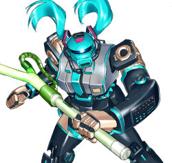 Rule 34 | blew andwhite, blue eyes, blue hair, floating hair, fusion, glowing, glowing eye, gundam, hatsune miku, holding, holding weapon, mecha, mobile suit, mobile suit gundam, no humans, one-eyed, robot, science fiction, simple background, twintails, vocaloid, weapon, white background, zaku ii