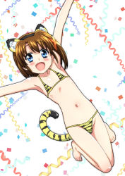 Rule 34 | 1girl, 2022, absurdres, animal ears, animal print, bikini, blue eyes, blush, brown hair, chinese zodiac, collarbone, confetti, fake animal ears, fake tail, flat chest, hair ornament, highres, looking at viewer, lyrical nanoha, mahou shoujo lyrical nanoha, mahou shoujo lyrical nanoha a&#039;s, micro bikini, miyajima hitoshi, navel, open mouth, shiny skin, short hair, simple background, smile, solo, swimsuit, tail, tiger ears, tiger print, tiger tail, white background, x hair ornament, yagami hayate, year of the tiger