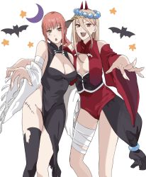 Rule 34 | + +, 2girls, alternate costume, asymmetrical hair, bandaged arm, bandaged leg, bandages, black dress, black thighhighs, blonde hair, braid, braided ponytail, breasts, chainsaw man, china dress, chinese clothes, cleavage, cleavage cutout, clothing cutout, commentary, corset, cross-shaped pupils, demon horns, detached sleeves, dress, facepaint, fangs, feet out of frame, foreshortening, gao grrrr, hair between eyes, halloween costume, highres, horns, jiangshi costume, long hair, looking at viewer, makima (chainsaw man), medium breasts, multiple girls, no panties, ofuda, ofuda on head, open mouth, orange eyes, pelvic curtain, power (chainsaw man), red dress, red hair, ringed eyes, side-by-side, sidelocks, simple background, single thighhigh, sleeveless, sleeveless dress, small breasts, smile, standing, straight hair, symbol-shaped pupils, thighhighs, thighs, torn clothes, torn dress, torn thighhighs, underbust, v-shaped eyebrows, white background