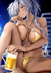 Rule 34 | 1girl, absurdres, alternate costume, bare shoulders, barefoot, beach chair, beer mug, bikini, black nails, blurry, blurry background, blush, bracelet, breast press, breasts, breasts apart, brown eyes, cameltoe, cleft of venus, closed mouth, collarbone, commentary request, cup, dark-skinned female, dark skin, glasses, gold bikini, grey hair, groin, hair over one eye, highres, holding, holding cup, jewelry, kantai collection, knee up, large breasts, long hair, looking at viewer, mug, musashi (kancolle), navel, necklace, night, night sky, o-ring, o-ring bikini, outdoors, panties, partially visible vulva, ring, semi-rimless eyewear, sitting, sky, smile, solo, spaghetti strap, spread legs, star (sky), starry sky, swimsuit, twintails, underwear, untied bikini, wedding ring, yunamaro