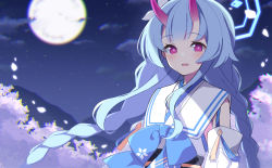 Rule 34 | 1girl, absurdres, blue archive, blush, braid, chise (blue archive), commentary request, detached sleeves, full moon, hair between eyes, halo, highres, horns, japanese clothes, long hair, looking at viewer, moon, night, oni horns, open mouth, red eyes, sky, solo, twin braids, uhouhogorigori