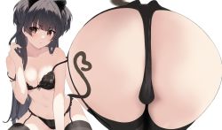 Rule 34 | 1girl, ass, ass focus, bare shoulders, black bra, black hair, black panties, black thighhighs, blush, bra, breasts, brown eyes, cat tail, cleavage, closed mouth, collarbone, garter straps, gin00, hand up, idolmaster, idolmaster shiny colors, long hair, looking at viewer, mayuzumi fuyuko, medium breasts, multiple views, navel, panties, simple background, tail, thighhighs, underwear, white background