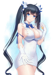 Rule 34 | 1girl, absurdres, anarchojs, black hair, blue bow, blue bowtie, blue eyes, blunt bangs, bow, bowtie, breasts, closed mouth, commentary request, dungeon ni deai wo motomeru no wa machigatteiru darou ka, gloves, hair ribbon, hestia (danmachi), highres, large breasts, looking at viewer, rei no himo, ribbon, smile, solo, thighs, twintails, white gloves, white ribbon